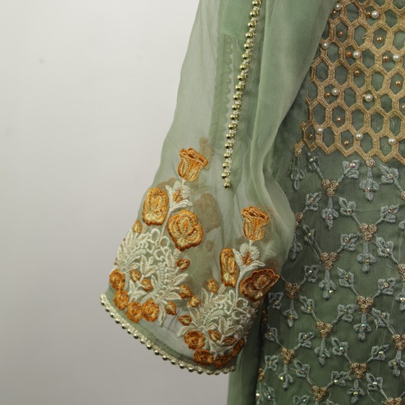 Elegant Embroidered Green Dress - Picture 7 of 11